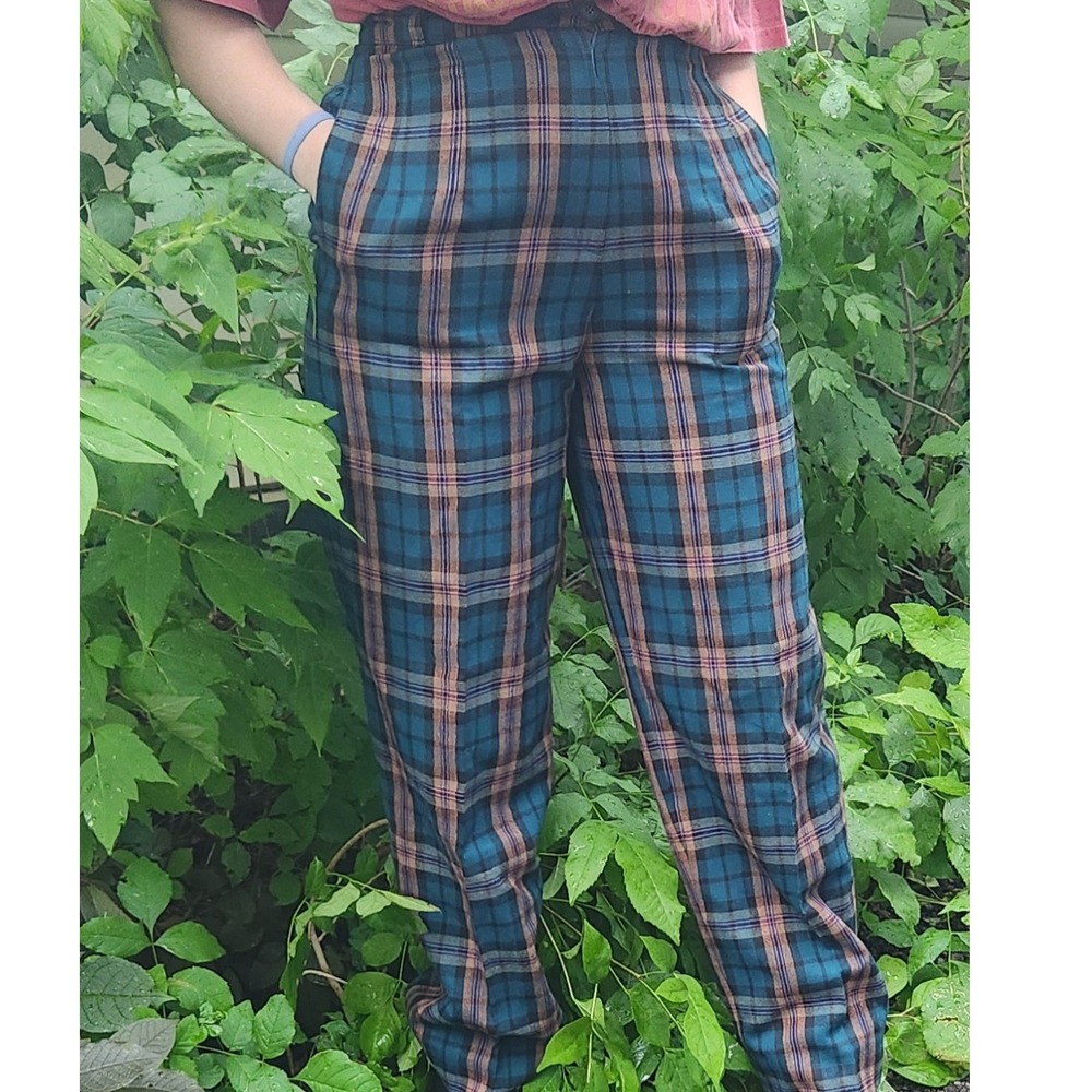 Braemar Wool Plaid Pants Teal Brown Vintage High Waist Tapered Career‎